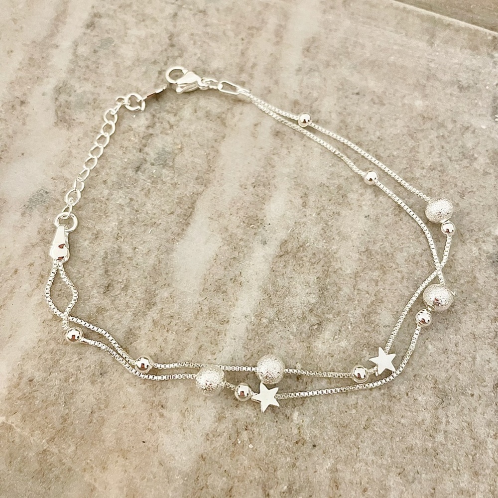 925 Sterling Silver Star Bracelet Silver Bead Bracelet Dainty Silver Bracelet - Picture 3 of 4